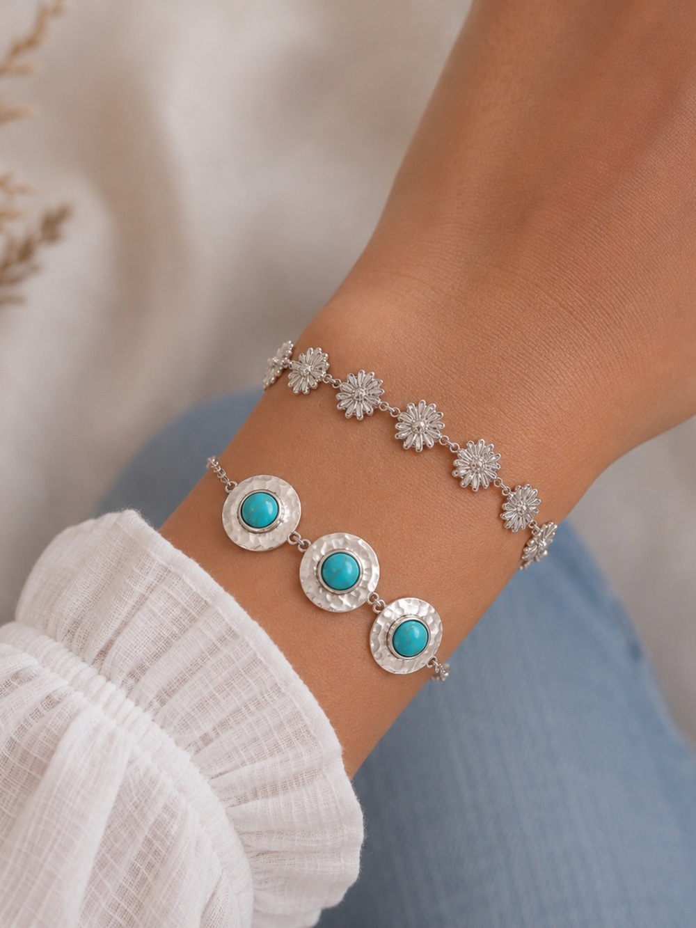 Set of 2 Silver Tone Bracelets Turquoise & Floral Daisy Design